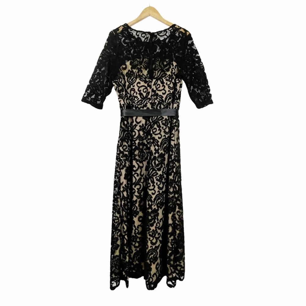 Sally Short Sleeve Fill Length Formal Dress Black Lace Nude Lining